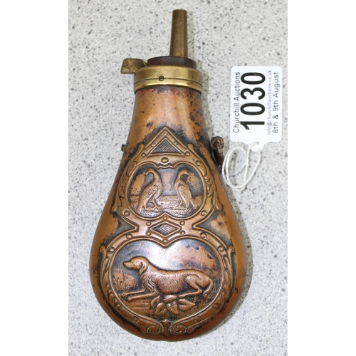 1030 - Copper and brass shot or powder flask decorated with birds and gun dog