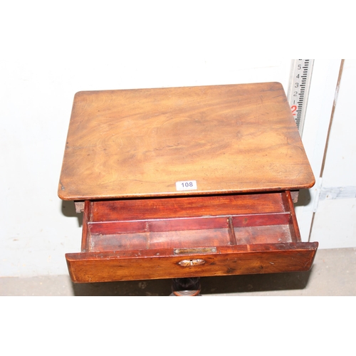 108 - Antique mahogany worktable with drawer on turned and carved pedestal base