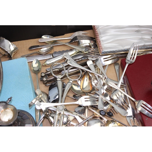 1150 - A large box of assorted silver plated items and other metalware