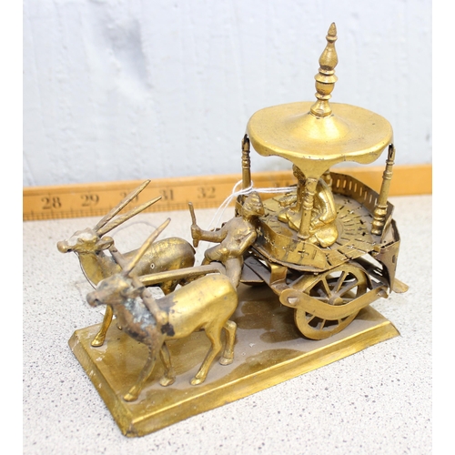 1638 - 2 vintage Indian gilt metal figures in carriages, pulled by Oxen and Antelopes