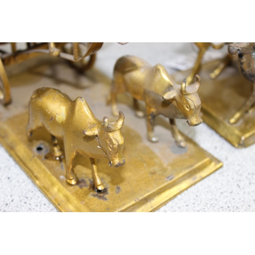 1638 - 2 vintage Indian gilt metal figures in carriages, pulled by Oxen and Antelopes