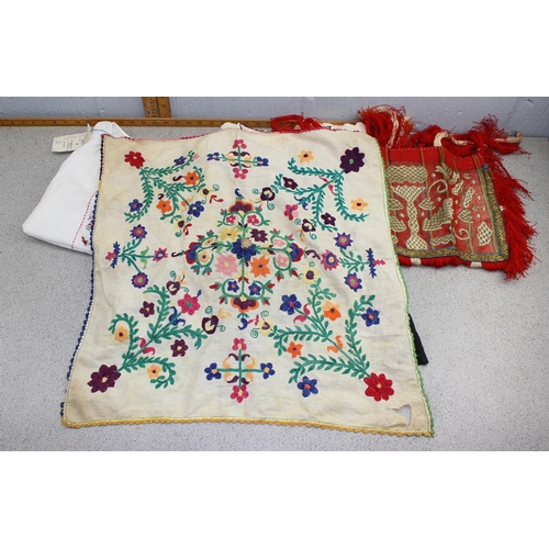 210 - 4 Bulgarian blouses, 2 Bulgarian apron panels, embroidered kerchief, some with heavy embroidery