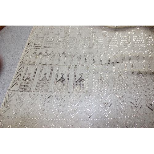 211 - Unusual old net or lace panel with white metal (possibly silver) embroidery, possibly Armenian and o... 