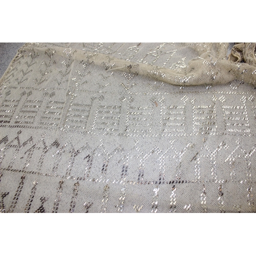 211 - Unusual old net or lace panel with white metal (possibly silver) embroidery, possibly Armenian and o... 