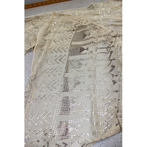 211 - Unusual old net or lace panel with white metal (possibly silver) embroidery, possibly Armenian and o... 