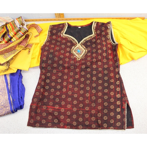 214 - Purple sari with gold thread embroidery, yellow female trousers, vest and along wrap with bead embro... 