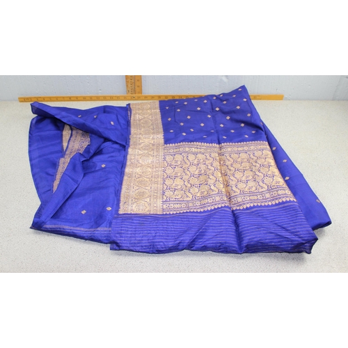 214 - Purple sari with gold thread embroidery, yellow female trousers, vest and along wrap with bead embro... 