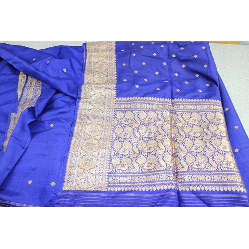 214 - Purple sari with gold thread embroidery, yellow female trousers, vest and along wrap with bead embro... 