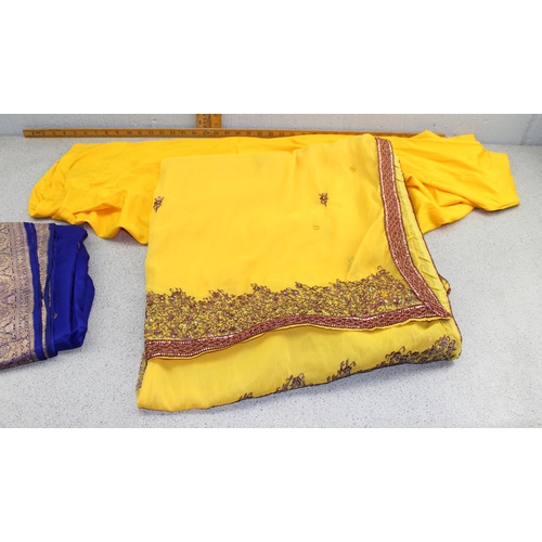 214 - Purple sari with gold thread embroidery, yellow female trousers, vest and along wrap with bead embro... 