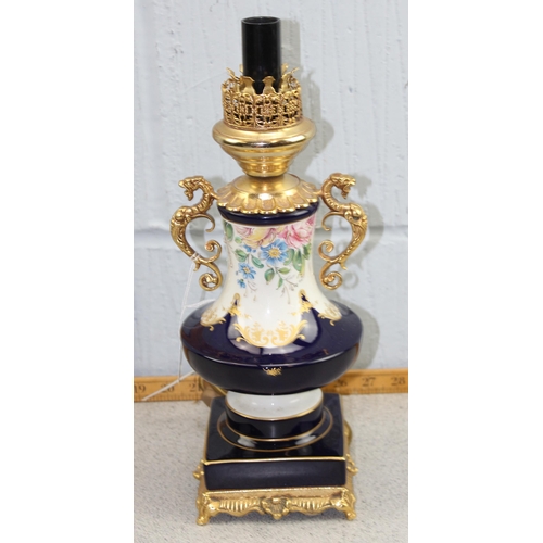 255 - French hand painted cobalt blue bodied porcelain table lamp with gilt brass fittings