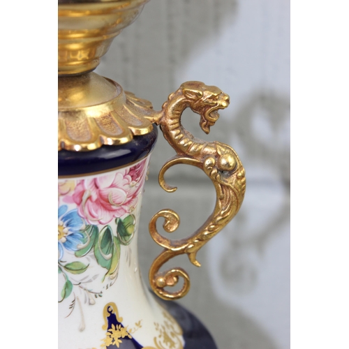 255 - French hand painted cobalt blue bodied porcelain table lamp with gilt brass fittings