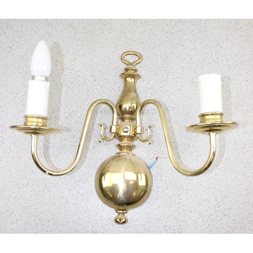 257 - 9 brass double wall lights and shades