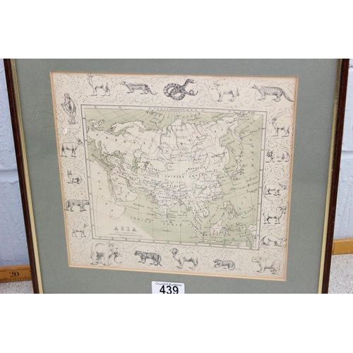 439 - 2 vintage framed maps, Europe & Asia, bordered with animals