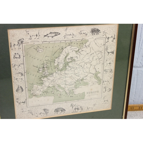 439 - 2 vintage framed maps, Europe & Asia, bordered with animals