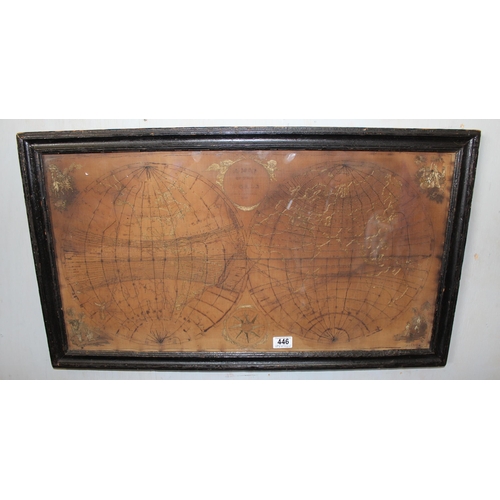 446 - A rare late 18th or early 19th century English double hemisphere world map sampler with vignettes in... 