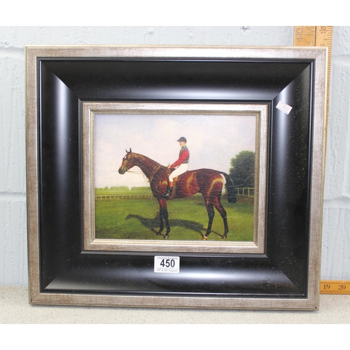 450 - Brookpace fine art print of jockey and race horse in black and silver wooden frame.