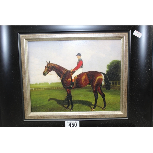 450 - Brookpace fine art print of jockey and race horse in black and silver wooden frame.