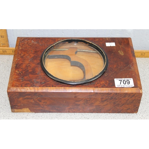 709 - A late Victorian walnut magnifier or viewer with 5 inch magnifier and folding adjustable stand