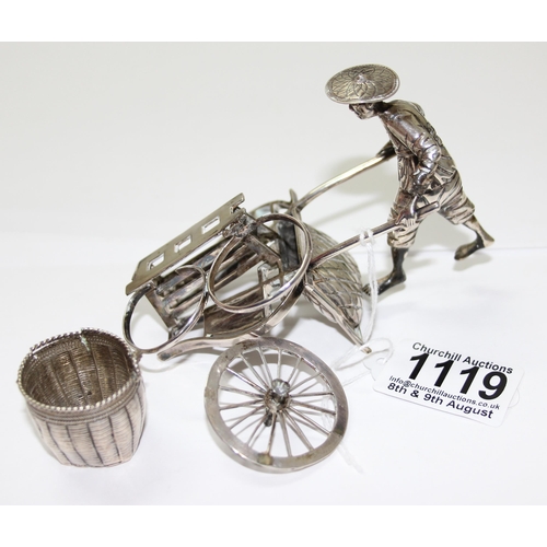 1119 - A Chinese export silver cruet set formed as a male figure pushing a barrow, marks for TC possibly Tu... 