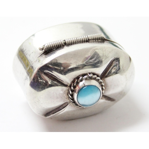 1135 - Silver pill box with blue stone decoration, marked Mexico 925