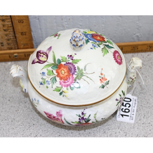 1650 - An antique porcelain lidded bowl decorated with floral sprigs, likely British in the manner of Swans... 