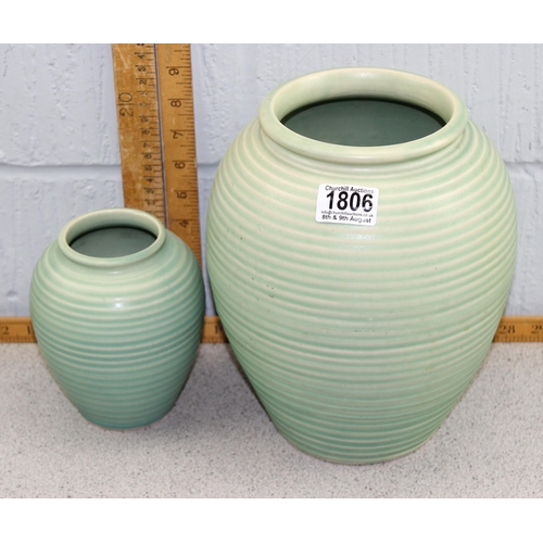 1806 - 2 Art Deco period Lovatts green banded ovoid vases