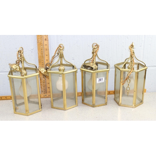 261 - 4 hexagonal brass glazed hanging lights