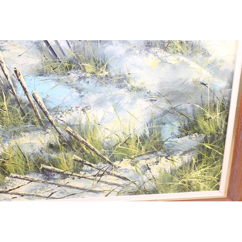 463 - Modern oil on canvas of a beach scene, unsigned, framed