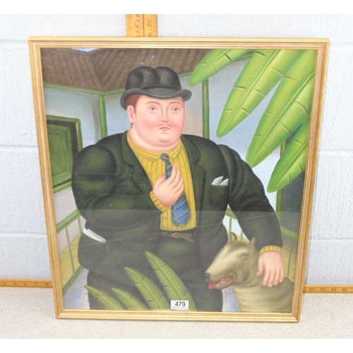 479 - In the manner of Beryl Cook, an oil on board of a business man with dog, indistinctly signed