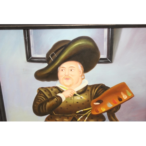 480 - In the manner of Beryl Cook, an oil on board of a 16th century male figure painting, unsigned