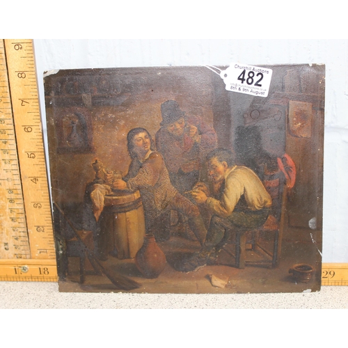 482 - Continental School (XIX), oil on tin painting of figures in a tavern, likely 19th century, unsigned