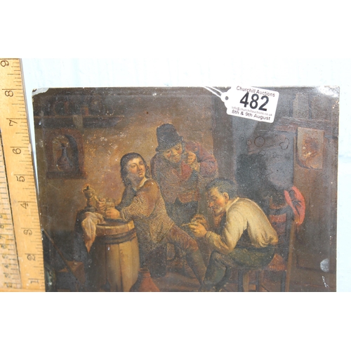 482 - Continental School (XIX), oil on tin painting of figures in a tavern, likely 19th century, unsigned