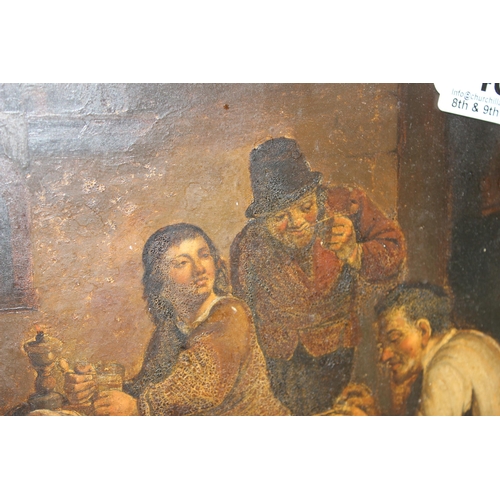 482 - Continental School (XIX), oil on tin painting of figures in a tavern, likely 19th century, unsigned