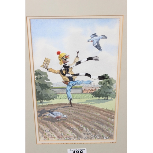 486 - Esdaile Hudson FRSA (b.1937), 2 comedic watercolours of scarecrows, framed and glazed