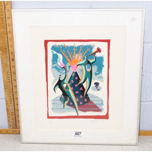 487 - Stuart Ruez? (XX), signed limited edition print of 2 figures near a volcano, 9/750