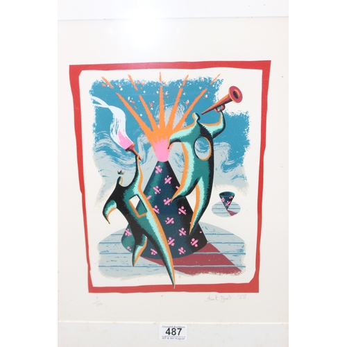 487 - Stuart Ruez? (XX), signed limited edition print of 2 figures near a volcano, 9/750