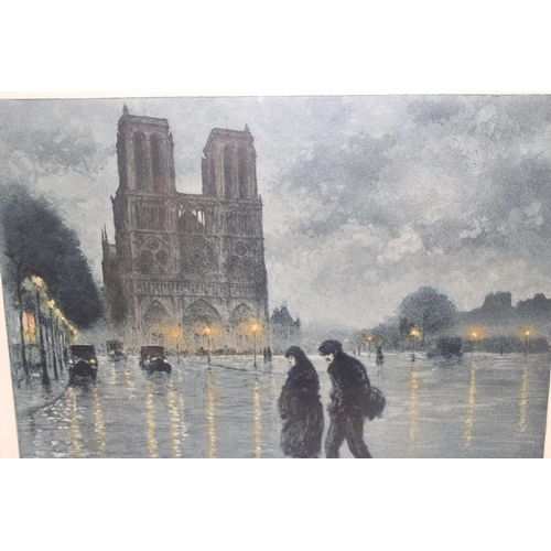 495 - Indistinctly signed and numbered print of Notre Dame with 2 figures