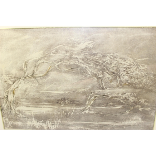 497 - Large Abstract painting or print on canvas of windswept trees, unknown medium, unsigned, in gilt fra... 