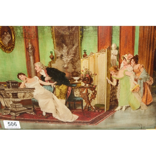 506 - Vittorio Reggianini, an antique framed coloured crystoleum depicting a 19th century scene of ladies