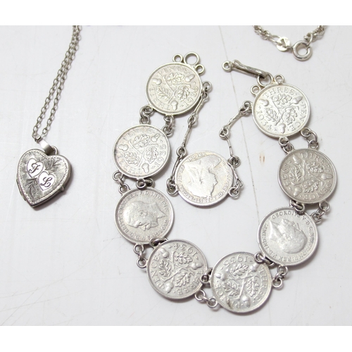 1246 - 2 silver bracelets, a silver 3d coin bracelet and a silver locket on chain