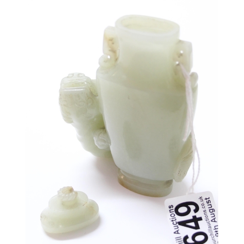 1649 - Chinese jade snuff bottle or miniature vase with lid, good quality carving and likely of some age, u... 