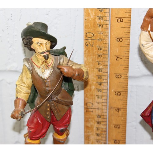 1670 - 2 antique cold painted spelter figures, likely 2 of the Musketeers, on turned wooden bases