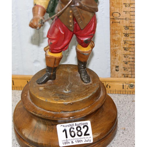 1670 - 2 antique cold painted spelter figures, likely 2 of the Musketeers, on turned wooden bases