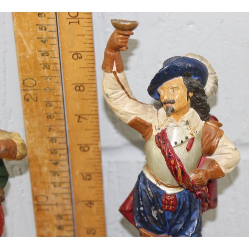 1670 - 2 antique cold painted spelter figures, likely 2 of the Musketeers, on turned wooden bases