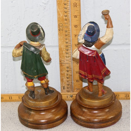 1670 - 2 antique cold painted spelter figures, likely 2 of the Musketeers, on turned wooden bases