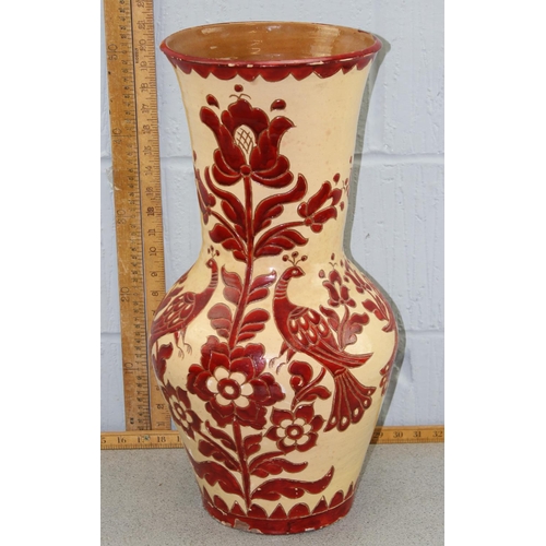 1667 - C.M. Metalul of Romania, a large vintage colourful floor vase with sgraffito decoration depicting bi... 