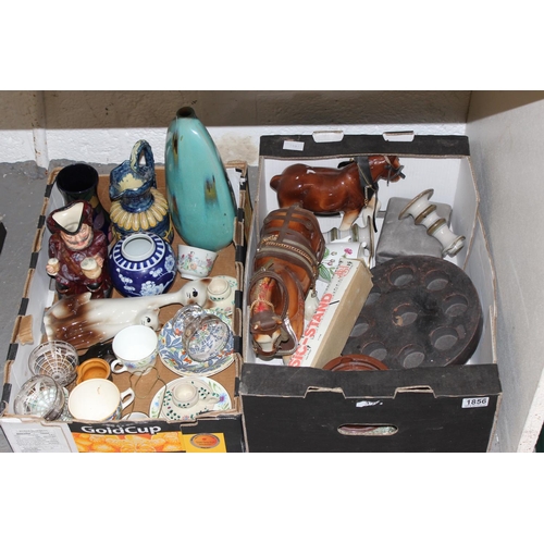 1856 - 2 boxes of assorted misc items to inc silver overlaid glasses, Bingham pottery jug, Royal Stanleywar... 