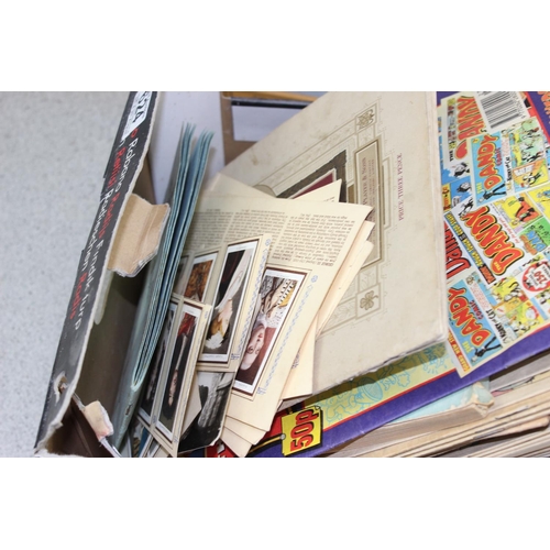 624 - Box of assorted cigarette cards, comics, Express Colour Plate Art books etc etc