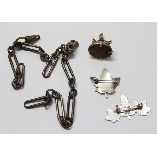 1254 - 2 Canadian sterling silver brooches, a section of silver Albert chain and a yellow metal fob seal, a... 