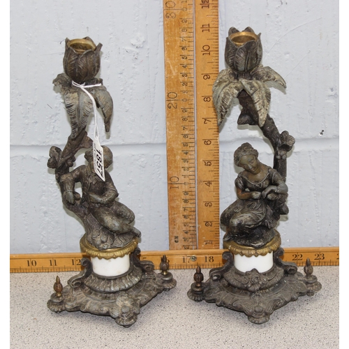 1857 - A pair of antique Watteauesque bronzed spelter candlesticks